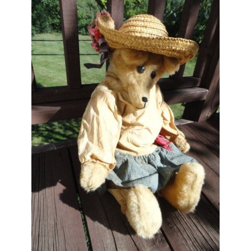 Vintage Handmade 20″ Teddy Bear Full Brim Straw Hat Flowers Denim Dress Red Bow